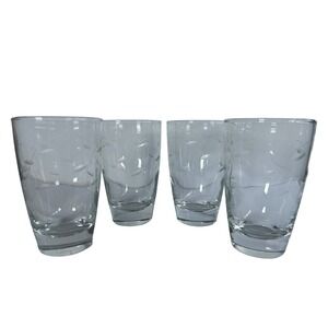Etched Leaf Design Glass Tumblers Set‎ of 4 Drinking Glasses Barware
